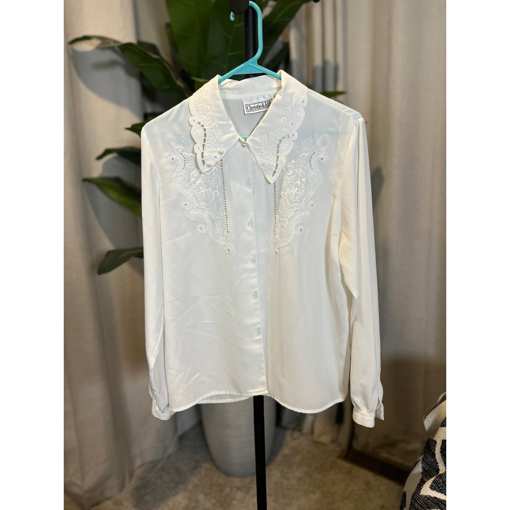 Christie & Jill Vintage Ivory Embroidered Lace Pearl Collar Blouse Size 8 Korea
